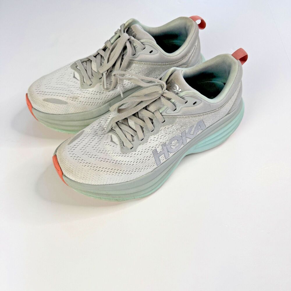 Hoka One One Bondi Women’s Size 8 Stardust Aqua Breeze Grey White Shoes Sneakers